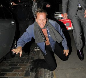 Photos © 2010 The Grosby Group - EXCLUSIVE London, Apr 15, 2010 HAS THE SCRAPPING OF HIT SERIES 24 TAKEN IT'S TOLL ON ACTOR KEIFER SUTHERLAND??? KEIFER WAS SEEN DRINKING IN THE COVENT GARDEN HOTEL BAR ALL ALONE FOR A COUPLE OF HOURS. EVENTUALLY A MATE SHOWED UP AND IN BETWEEN DRINKS, THEY POPPED OUTSIDE FOR A CIGGIE. KEIFER HAD GONE THROUGH A LOT OF GLASSES OF WINE AND THEY WERE ALL STACKED UP ON HIS TABLE. KEIFER CARRIED ON DRINKING IN THE BAR TILL 2AM. HE WAS THEN DRIVEN A SHORT DISTANCE TO STRINGFELLOWS GENTLEMANS CLUB. AT AROUND 4AM A NOW VERY DRUNK KEIFER WAS SEEN BEING THROWN OUT OF THE BACK DOOR OF STRINGFELLOWS BY THE BOUNCERS WHO HAD TO RESTRAIN HIM IN A HEAD LOCK. AFTER FALLING ALL OVER THE PLACE WITHOUT HIS TOP ON HE EVENTUALLY ENDED BACK AT HIS HOTEL WHERE HE WAS HELPED BY HOTEL STAFF BACK TO HIS ROOM XPO *** Local Caption *** .